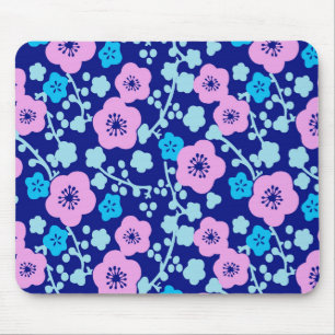 Rich blue and pink floral pattern Japanese Plum Mouse Mat