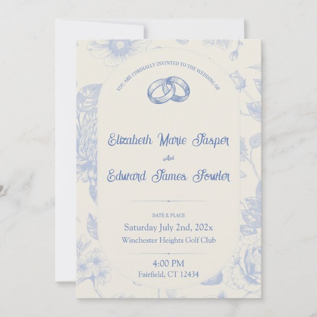 Rich Blue French Floral Toile Floral  Invitation (Front)
