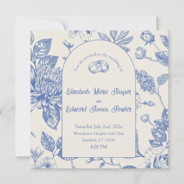 Rich Blue French Floral Toile Floral Invitation (Front)