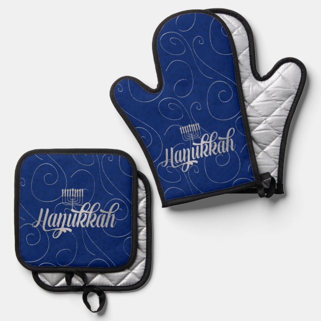 Rich Blue with Silver Coloured Swirls Hanukkah Oven Mitt & Pot Holder Set (Front/Back)