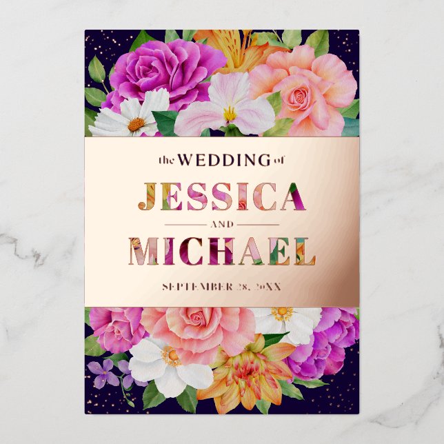 Rich Bouquets Purple Blue Pink Rose Gold Wedding (Front)
