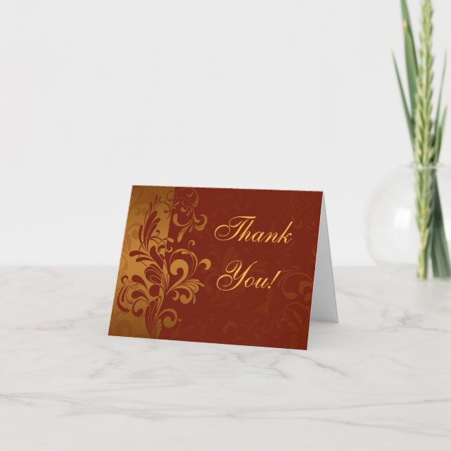 Rich Brick Red and Gold Reverse Swirl Thank You Card (Front)