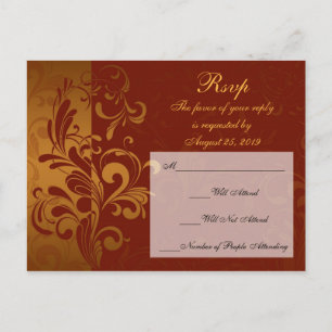 Rich Brick Red / Gold Reverse Swirl RSVP Reply Invitation Postcard