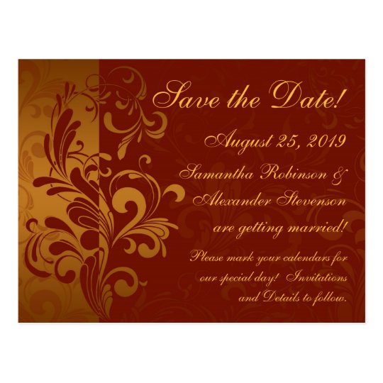 Rich Brick Red / Gold Reverse Swirl Save the Date Postcard