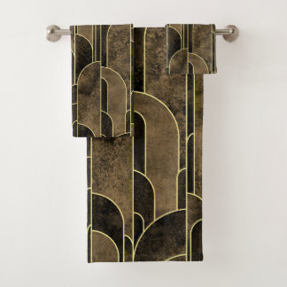 Rich Brown and Gold Art Deco Pattern Bath Towel Set