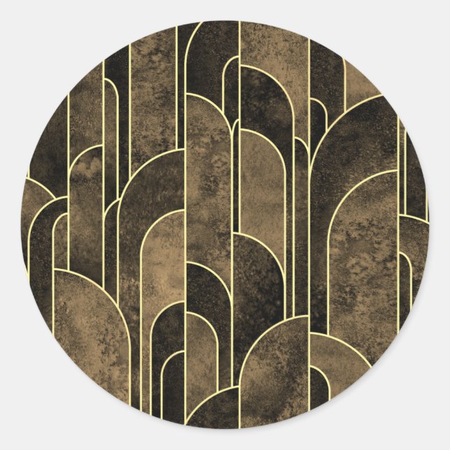 Rich Brown and Gold Art Deco Pattern Classic Round Sticker (Front)