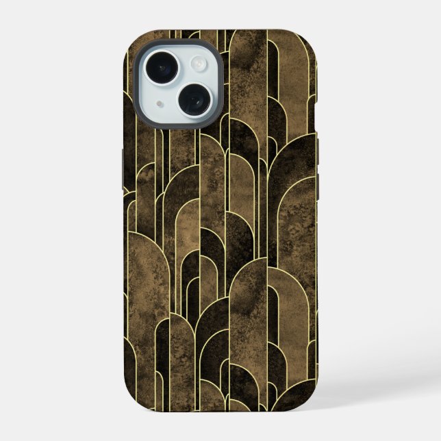 Rich Brown and Gold Art Deco Pattern iPhone 15 Case (Back)