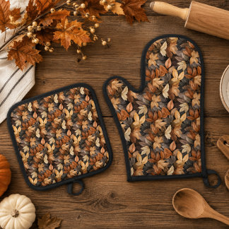 Rich Brown Beige Autumn Leaves Rustic Farmhouse Oven Mitt & Pot Holder Set