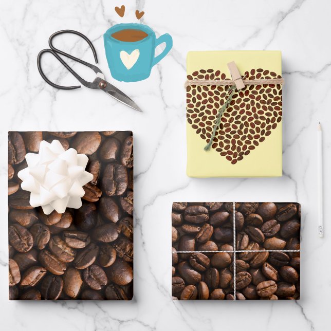 Rich Brown Coffee Beans + Hearts Pattern Wrapping Paper Sheet (Fun wrapping paper for the coffee fan in your life!)