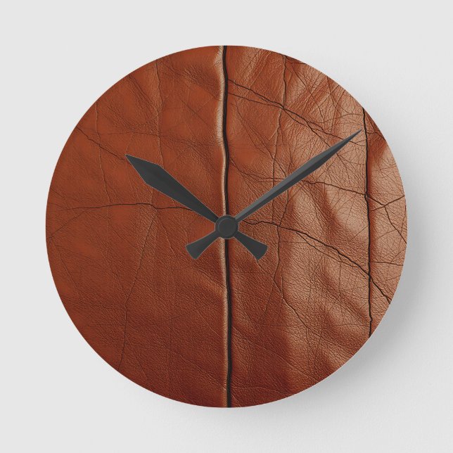 Rich Brown Leather Texture Pattern Round Clock (Front)