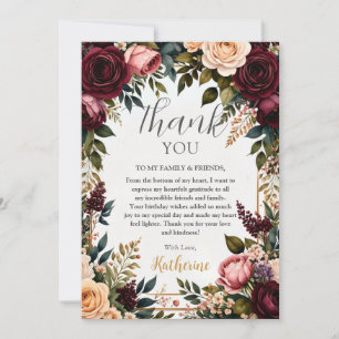 Rich Burgundy and Blush Vintage Floral Birthday Thank You Card