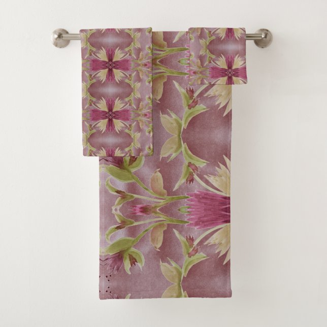 Rich Burgundy And Olive Green Floral Towel Set (Insitu)