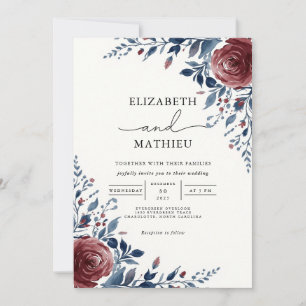 Rich Burgundy Blue Botanical Floral Wedding Invitation