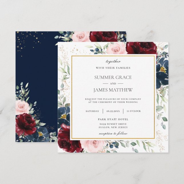 Rich Burgundy Blush Blue Floral Wedding Square   Invitation (Front/Back)
