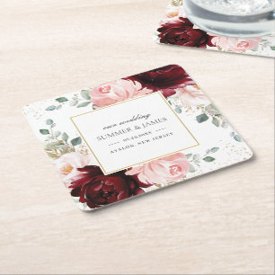Rich Burgundy Blush Pink Floral Wedding Favor Square Paper Coaster