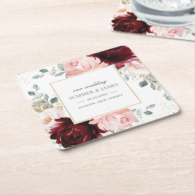 Rich Burgundy Blush Pink Floral Wedding Favour Square Paper Coaster (Angled)