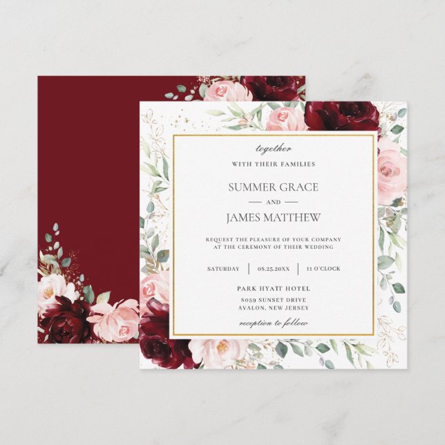 Rich Burgundy Blush Pink Floral Wedding Square  Invitation (Front/Back)
