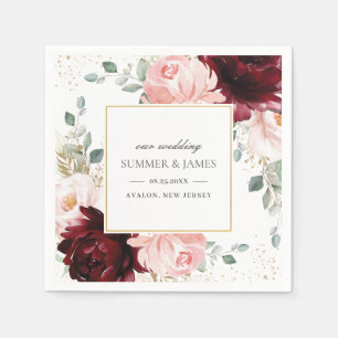 Rich Burgundy Blush Pink Floral Wedding Square  Napkin