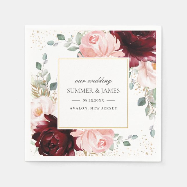 Rich Burgundy Blush Pink Floral Wedding Square  Napkin (Front)
