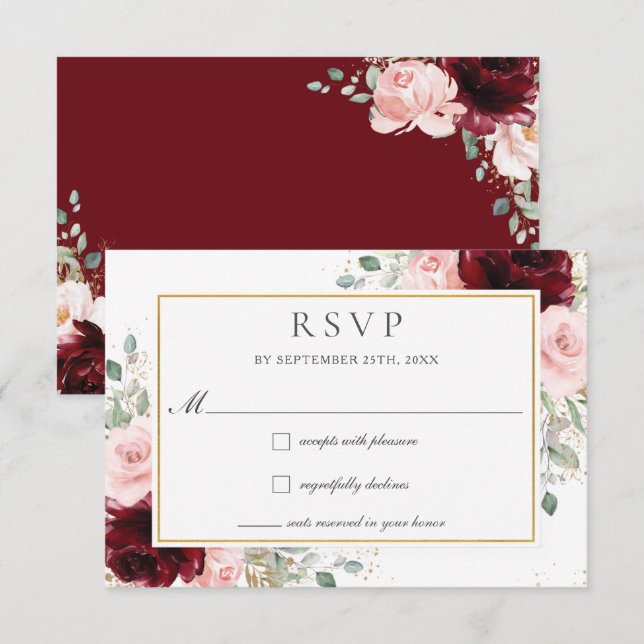 Rich Burgundy Blush Pink Roses Floral Wedding   RSVP Card (Front/Back)