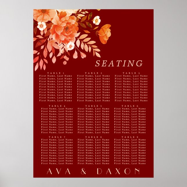 Rich Burgundy Floral Wedding Seating Chart Poster (Front)
