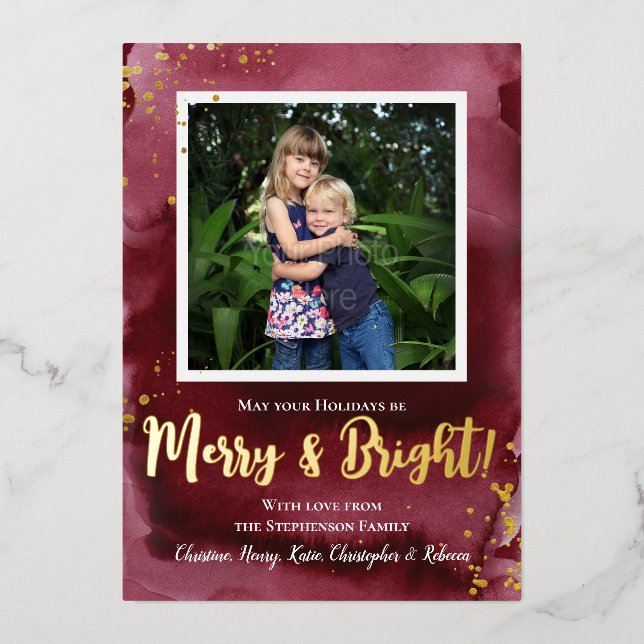 Rich Burgundy Gold Splatter Photo Holiday Greeting (Front)