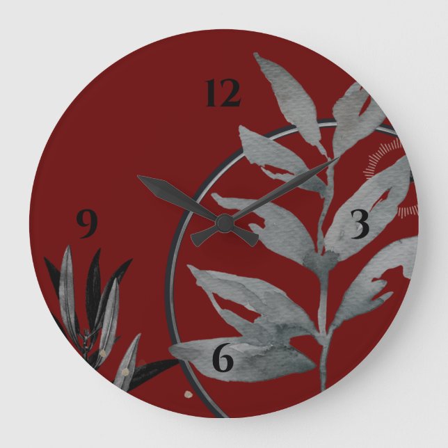 Rich Burgundy & Gray Artistic Watercolor Botanical Large Clock (Front)