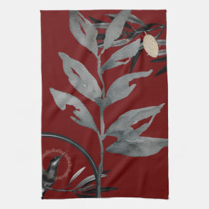 Rich Burgundy & Grey Artistic Watercolor Leaves Tea Towel