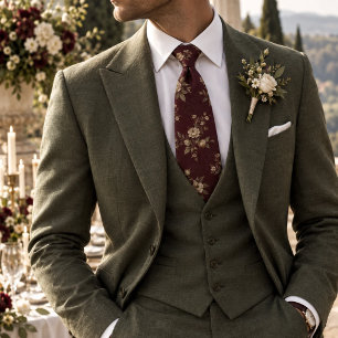 Rich Burgundy Heritage Botanical Floral Pattern Tie