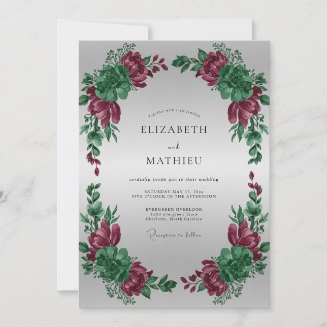 Rich Burgundy Peony Wreath Wedding Invitation (Front)
