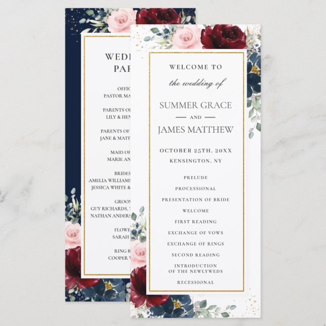 Rich Burgundy Red Blush Blue Roses Floral Wedding  Programme (Front/Back)
