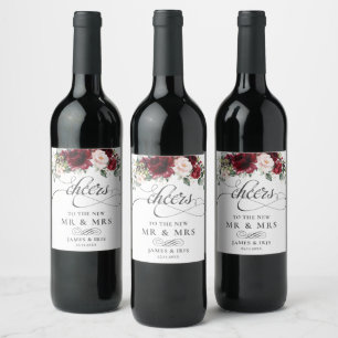 Rich Burgundy Red Blush Pink Floral Wedding Wine Label