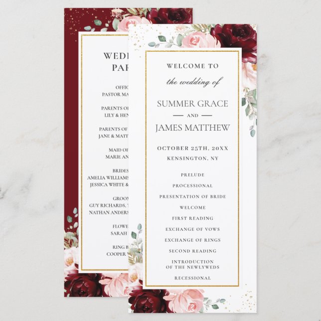 Rich Burgundy Red Blush Pink Roses Floral Wedding  Programme (Front/Back)