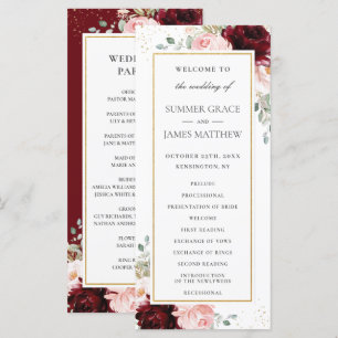 Rich Burgundy Red Blush Pink Roses Floral Wedding  Programme