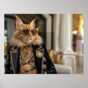Rich cat standing in front of a mansion poster