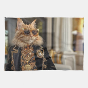 Rich cat standing in front of a mansion tea towel