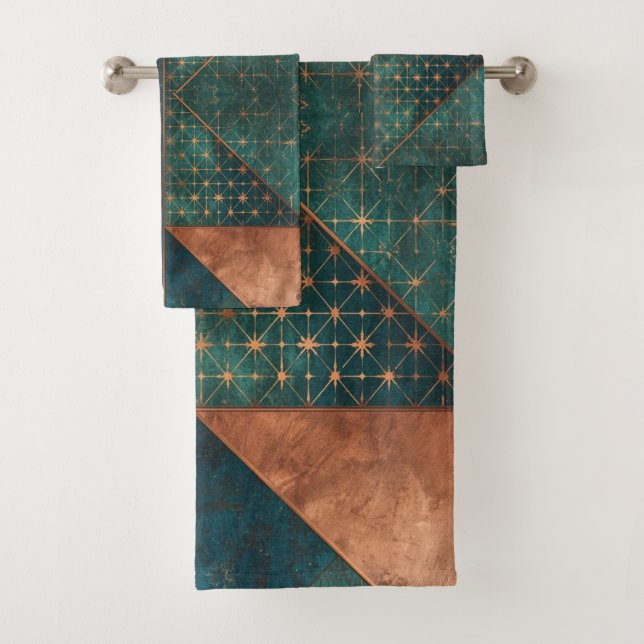 Rich Copper Metallic gold geometric starburst Bath Towel Set (Insitu)