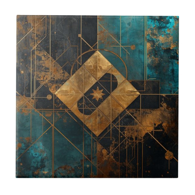 Rich Copper Metallic gold geometric starburst Tile (Front)