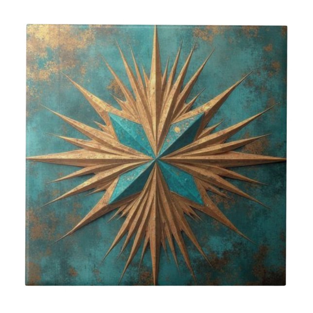 Rich Copper Metallic gold geometric starburst Tile (Front)