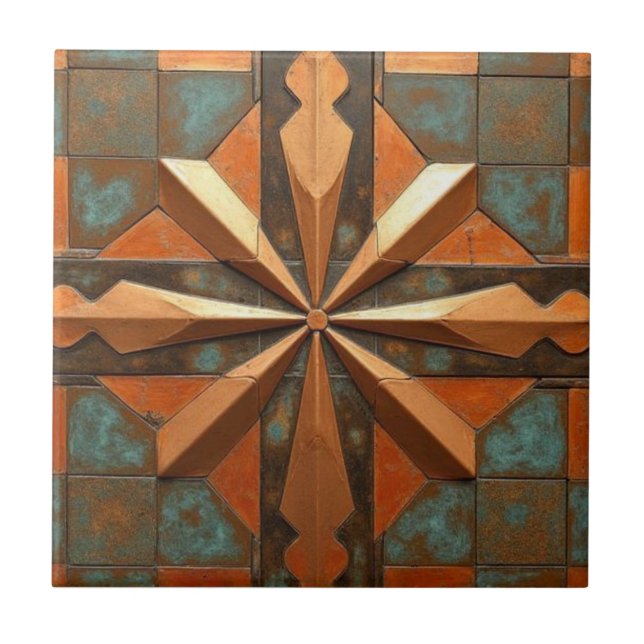 Rich Copper Metallic gold geometric starburst Tile (Front)