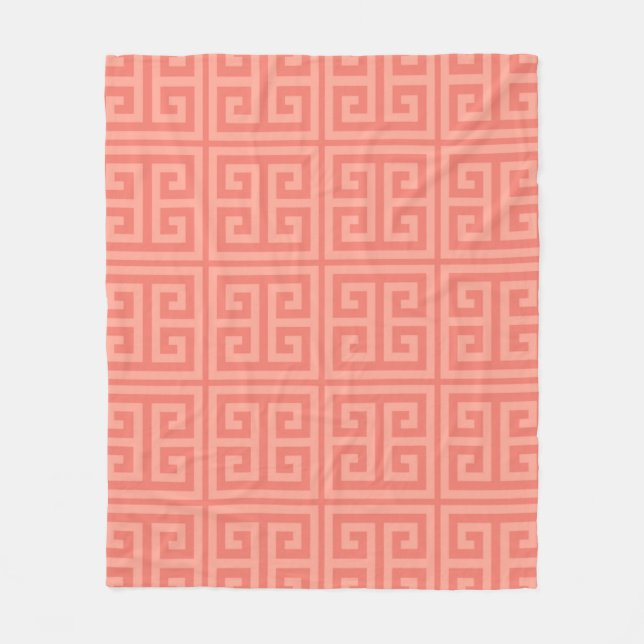 Rich Coral Greek Key Motif Fleece Blanket (Front)
