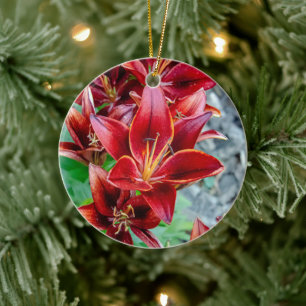 Rich Crimson Lily Botanical Flower Ceramic Tree Decoration