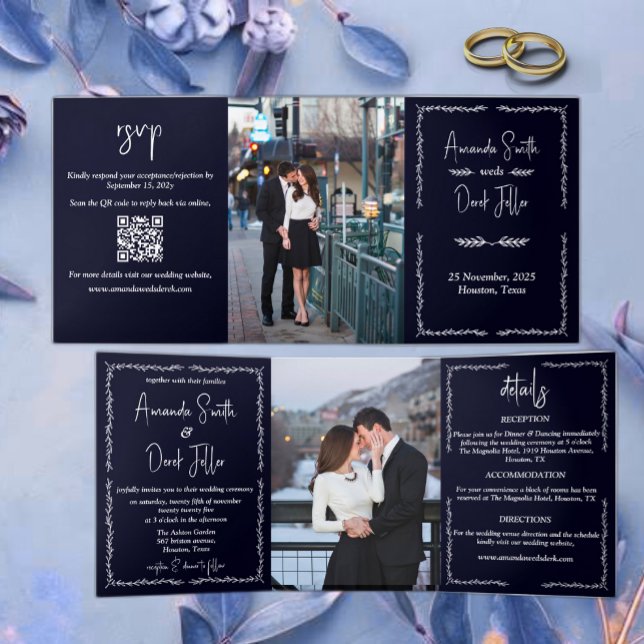 Rich Dark Blue Black Wedding Tri-Fold Invitation (Creator Uploaded)