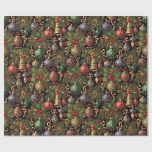 Rich Dark Green Vintage Christmas Seamless Pattern Wrapping Paper