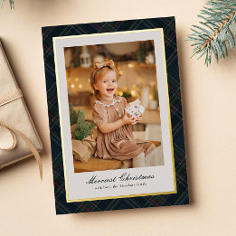 Rich dark navy plaid frame Merry Christmas photo Foil Holiday Card