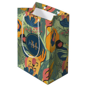 Rich earth colours abstract flowers, monogram medium gift bag