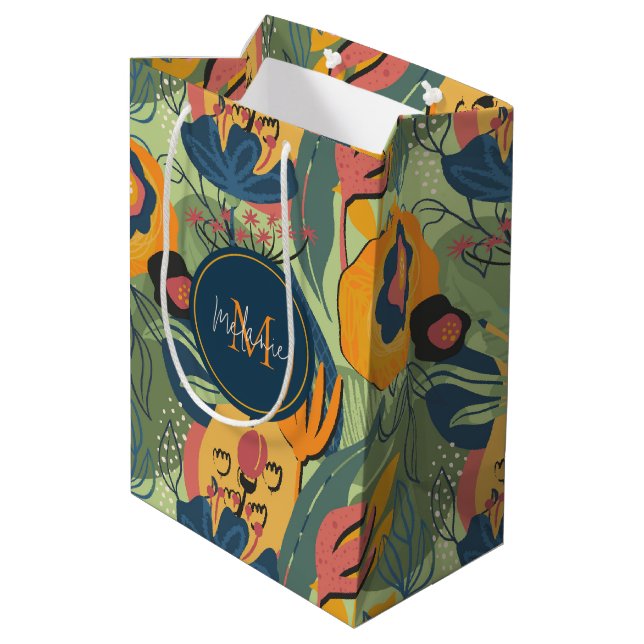 Rich earth colours abstract flowers, monogram medium gift bag (Back Angled)
