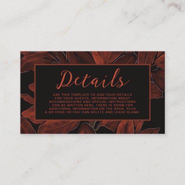 Rich Fall Autumn Wedding Details Card Moody Leaves (Front)