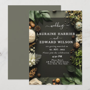 Rich floral arrangement featuring roses, peonies, invitation