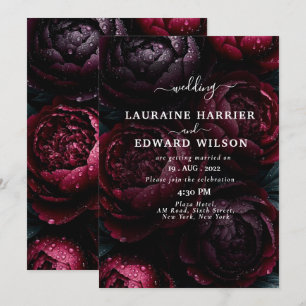 Rich floral arrangement featuring roses, peonies, invitation